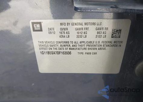 2013 Chevrolet Malibu 1Ls from USA, damaged, VIN 1G11B5SA7DF163936